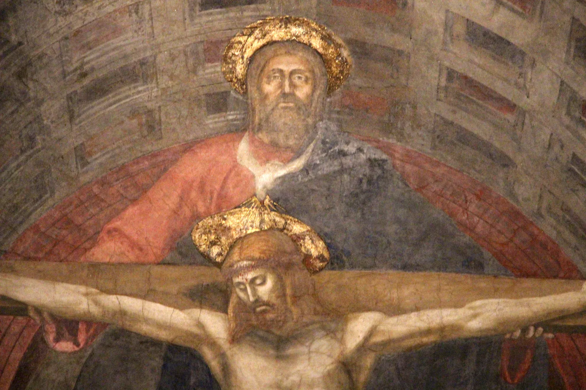 Detail from Masaccio’s Trinity, showing God the Father, the crucified Christ, and the painted vault that creates depth.