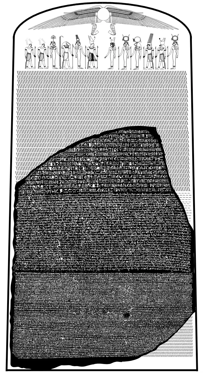 Reconstruction of the complete stela with the surviving Rosetta Stone fragment in its lower section
