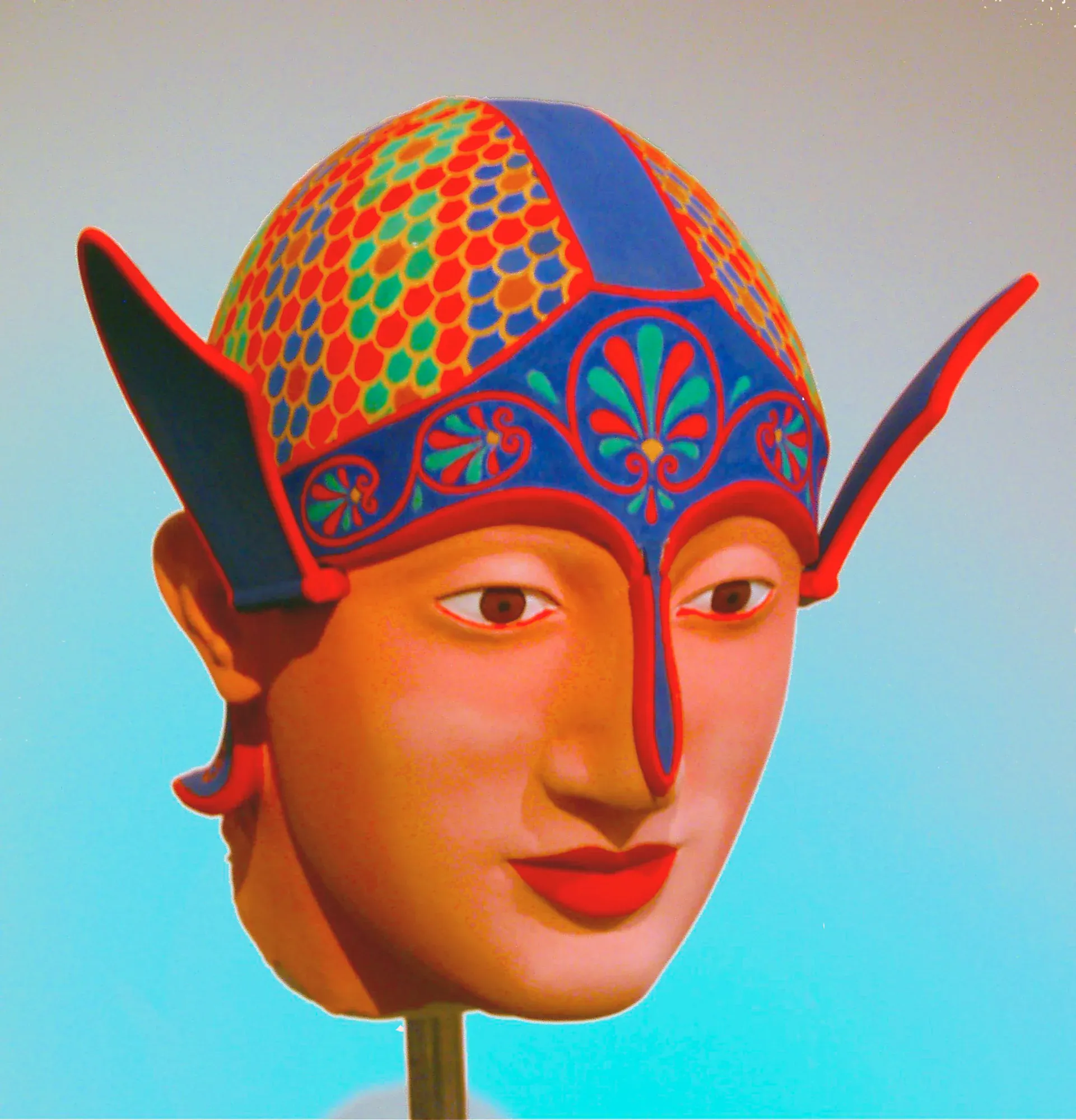 Polychrome reconstruction of a Greek warrior’s head from the Temple of Aphaia