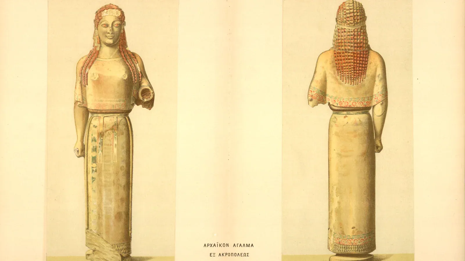 Historical watercolour of the Peplos Kore showing traces of its painted decoration